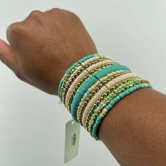 Icon Collection Boho Teal Cream Heishi Bead Multi-Layer Wrap Cuff Bracelet NWT - Picture 4 of 7
